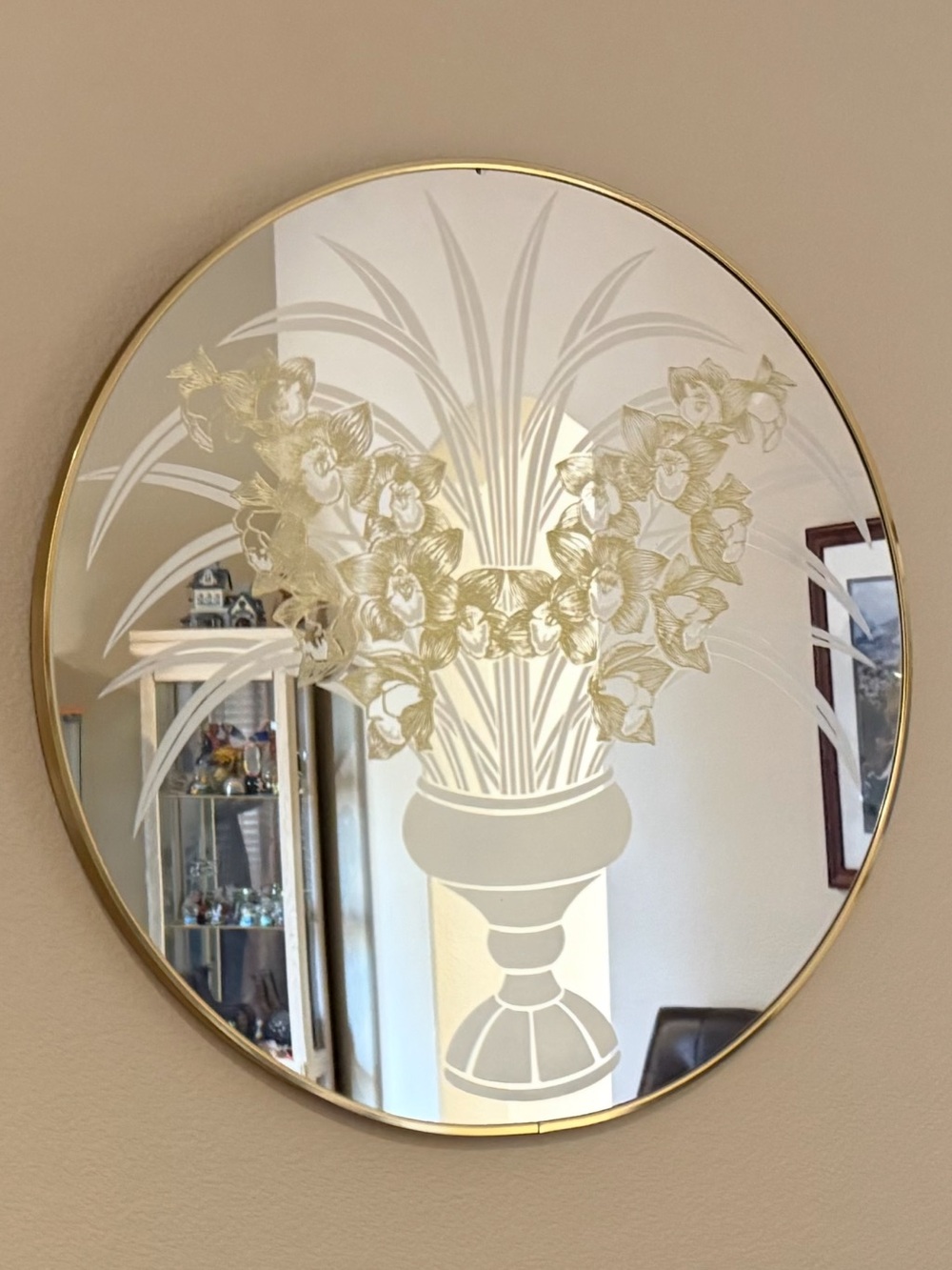 Post Modern 1980 Windsor Mirror Floral Etched Round Wall Mirror